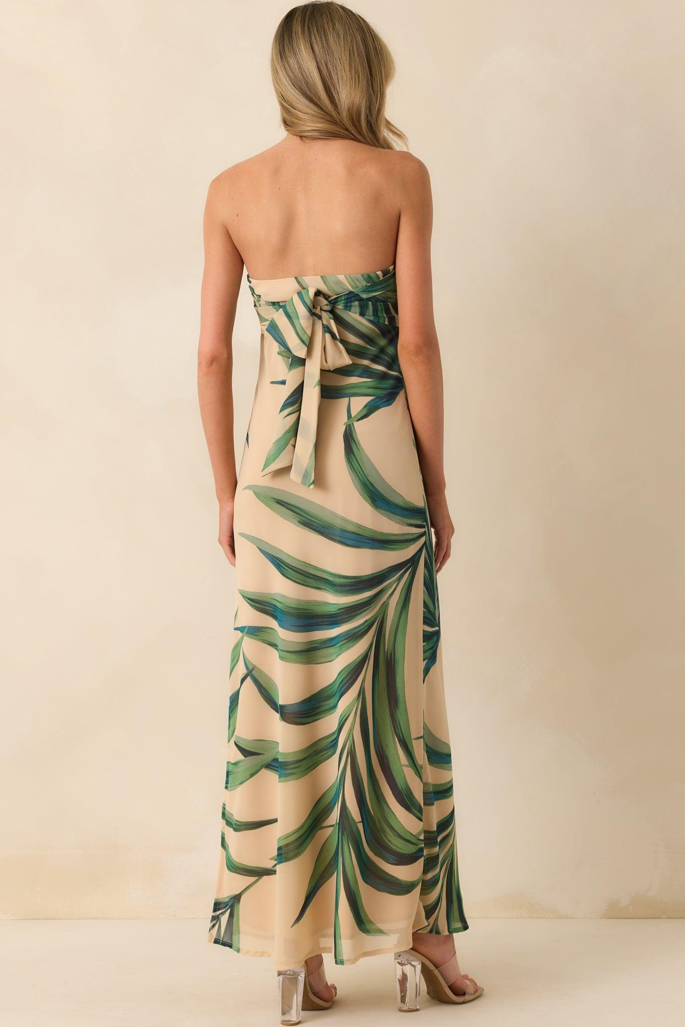 Finding The Way Beige Palm Leaf Print Strapless Chiffon Maxi Dress Product Image