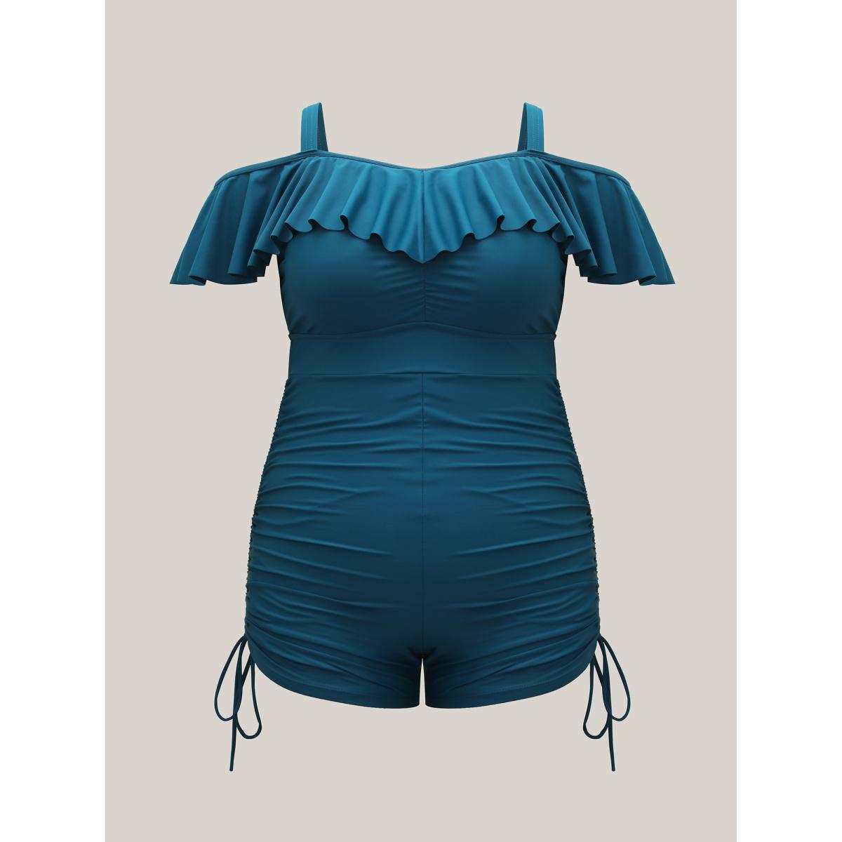 Plus Size Off Shoulder Ruffles Drawstrings One-Piece Swimsuit Women's Swimwear Cyan Beach Gathered Curve Bathing Suits High stretch One Pieces BloomChic 10/M Product Image