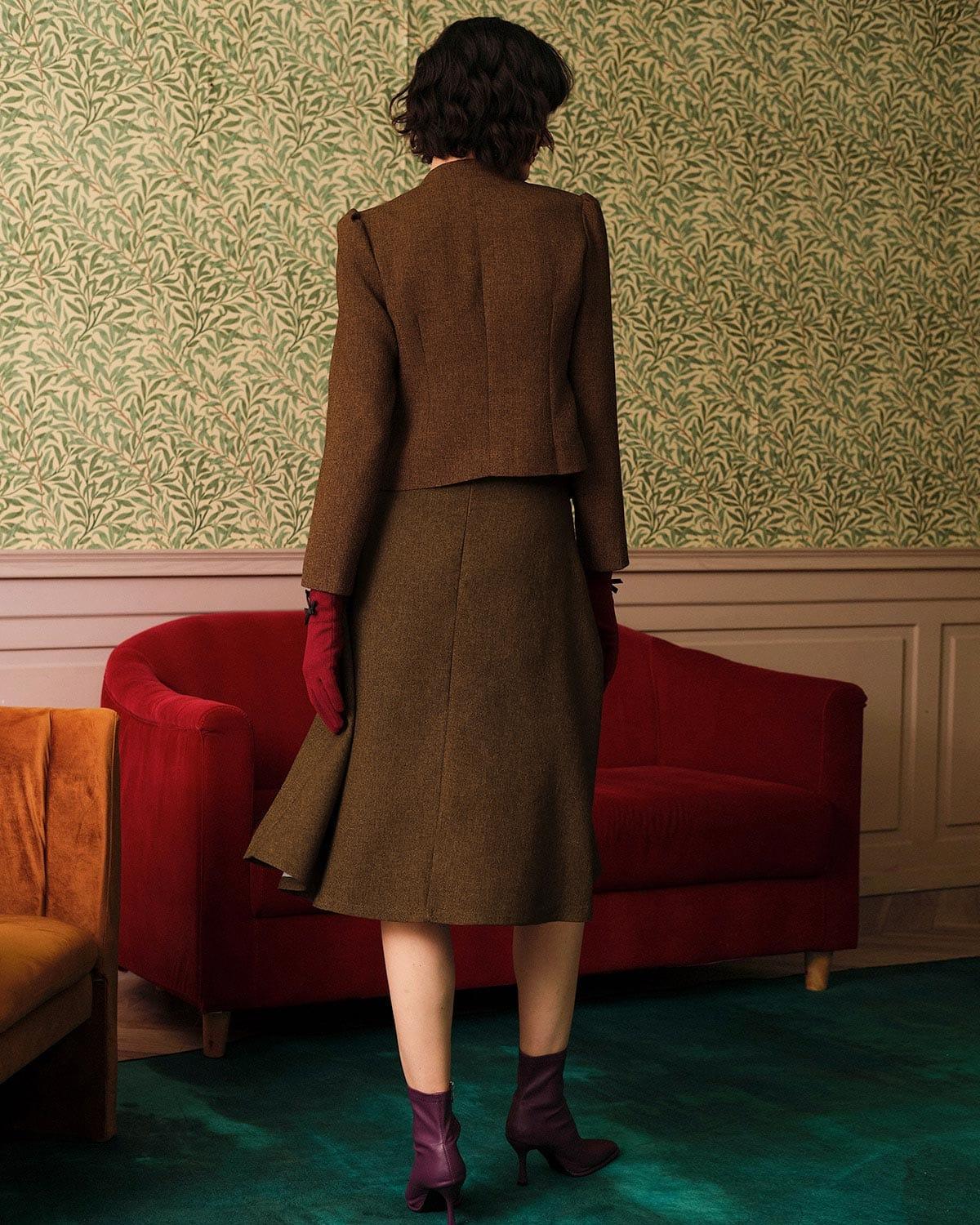 The Solid Retro Single-breasted Tweed Jacket Female Product Image