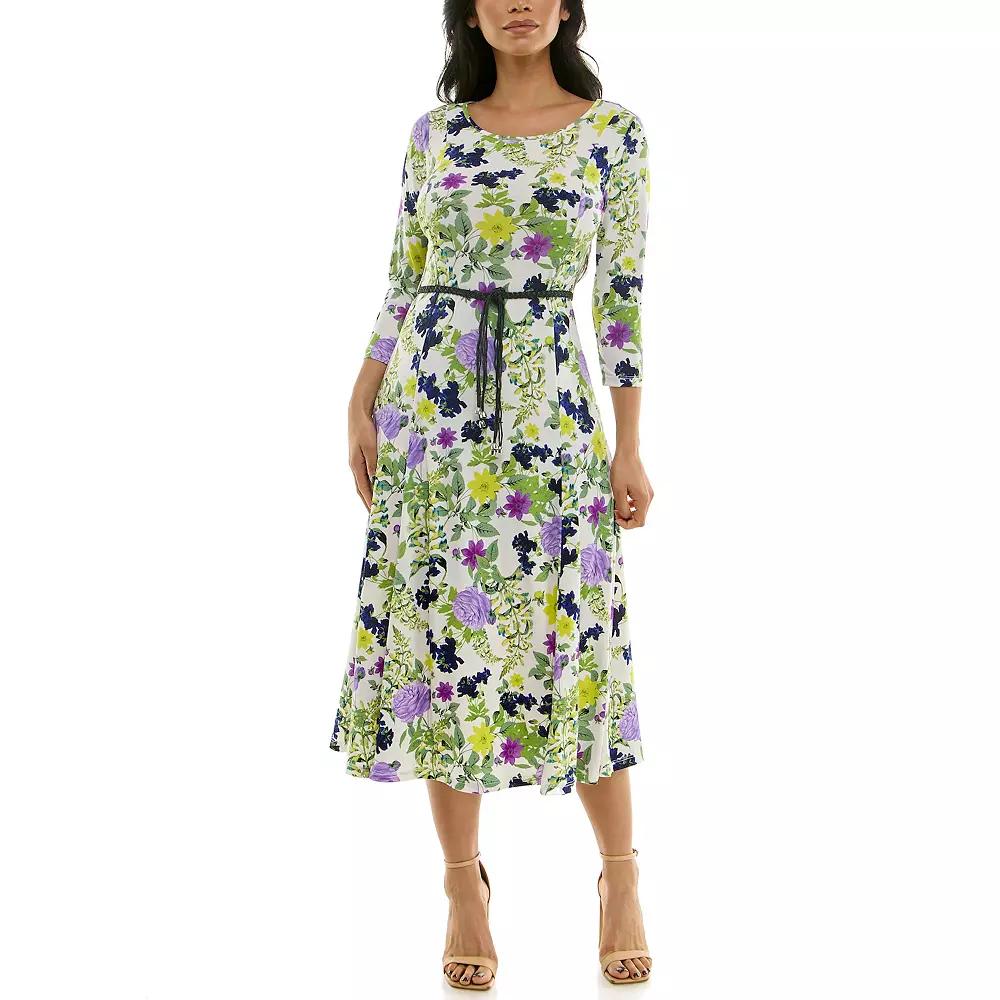 Women's Nina Leonard Sylvia Three-Quarter Sleeve Belted Midi Dress,  Product Image