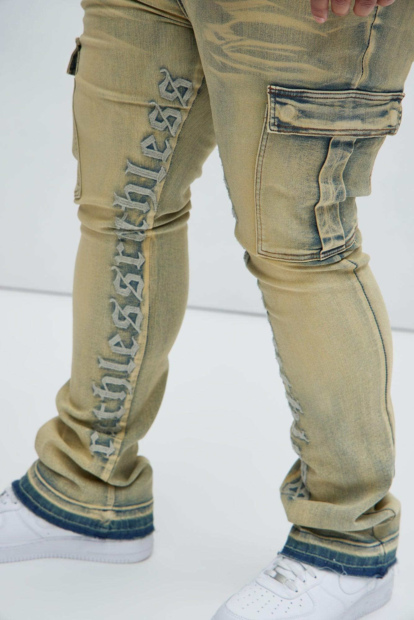 Ruthless Embroidered Stacked Skinny Cargo Flare Jeans - Vintage Blue Wash Product Image