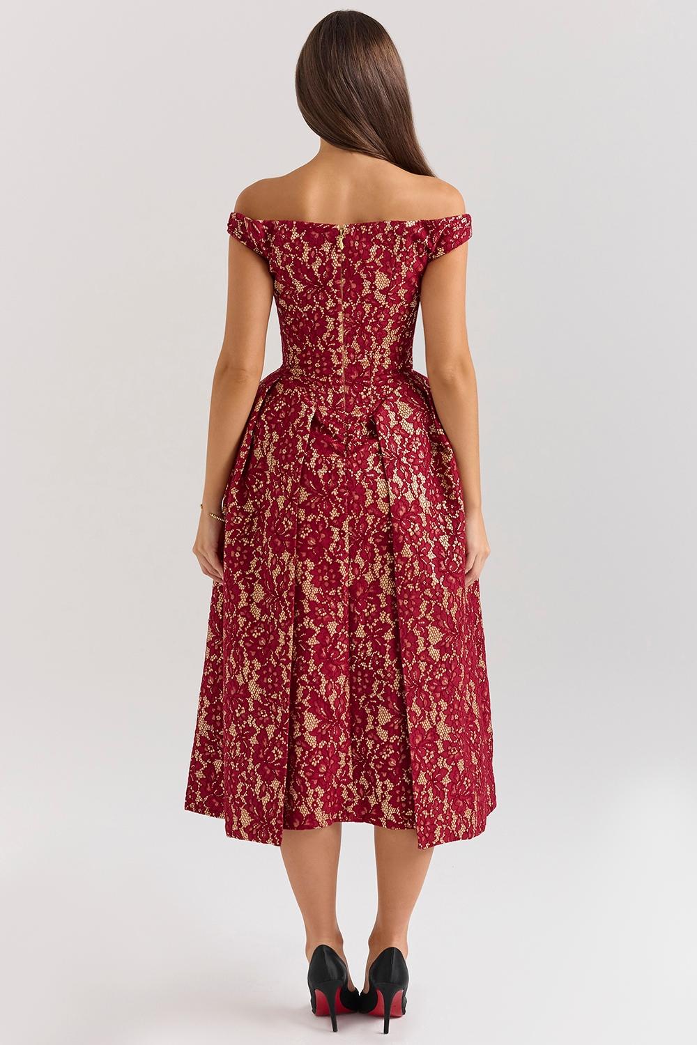 Charming  gold and berry lace midi off shoulder dress Product Image
