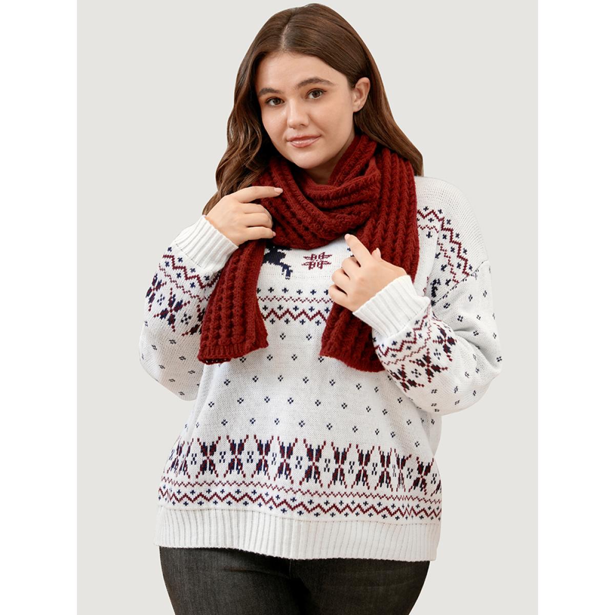 Plus Size Elk & Snowflake Pointelle Knit Round Neck Knit Top Multicolor Women Casual Loose Long Sleeve Dailywear Pullovers BloomChic 28/5X Product Image