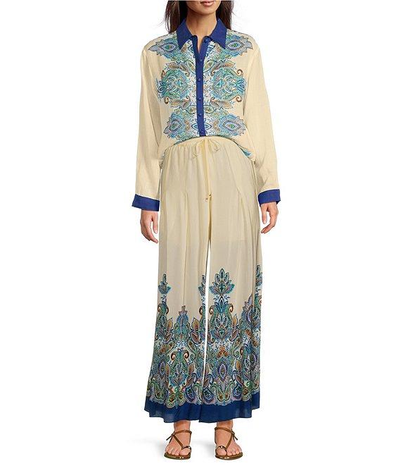 JOHNNY WAS Silk Printed Pleated Wide Leg Pull-On Pants Product Image