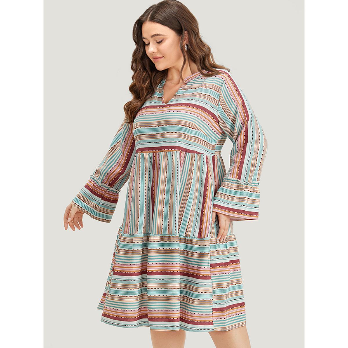 Plus Size Contrast Striped Notched Layered Hem Bell Sleeve Dress Multicolor Women Vacation Gathered Notched collar Long Sleeve Curvy Midi Dress BloomChic 28/5X Product Image