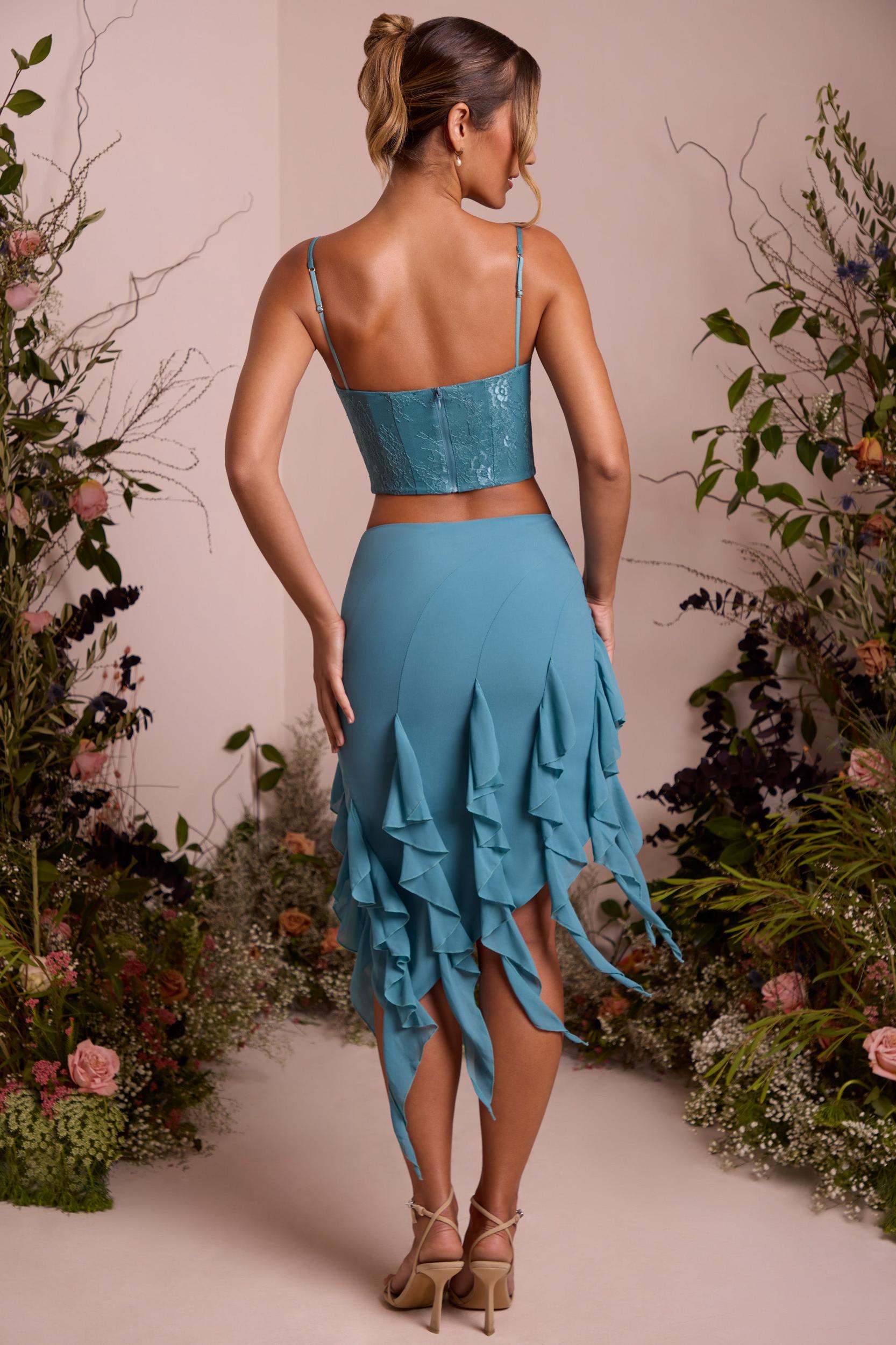 Waterfall Frill Midaxi Skirt in Teal Product Image