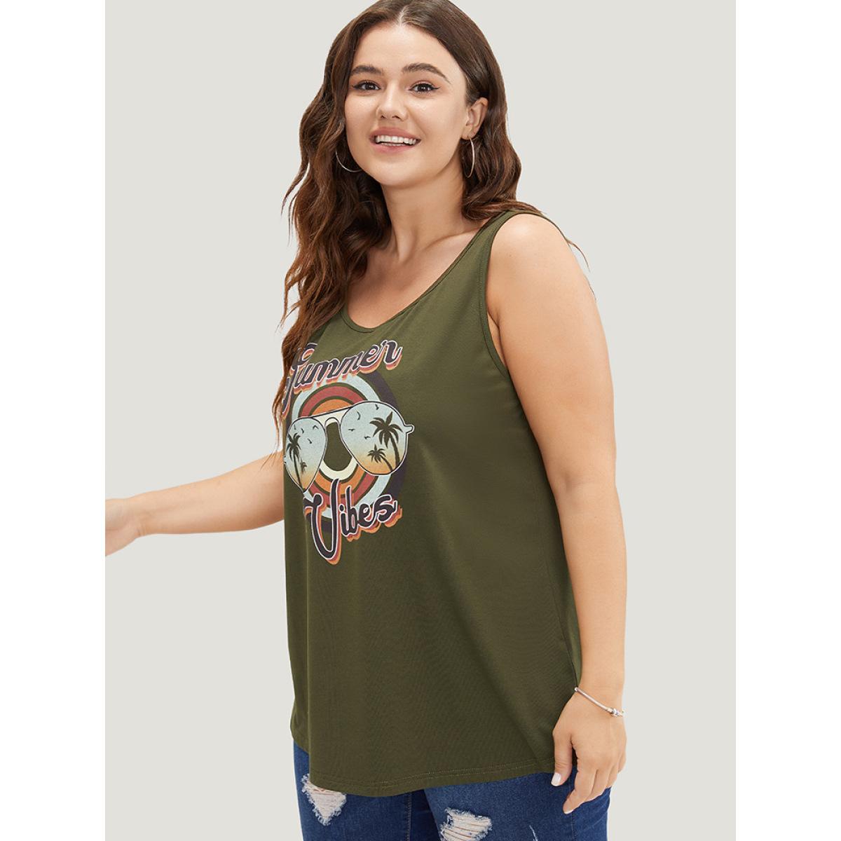 Plus Size Letter & Graphic Print Round Neck Tank Top Women ArmyGreen Casual Dailywear Tank Tops Camis BloomChic 12/L Product Image