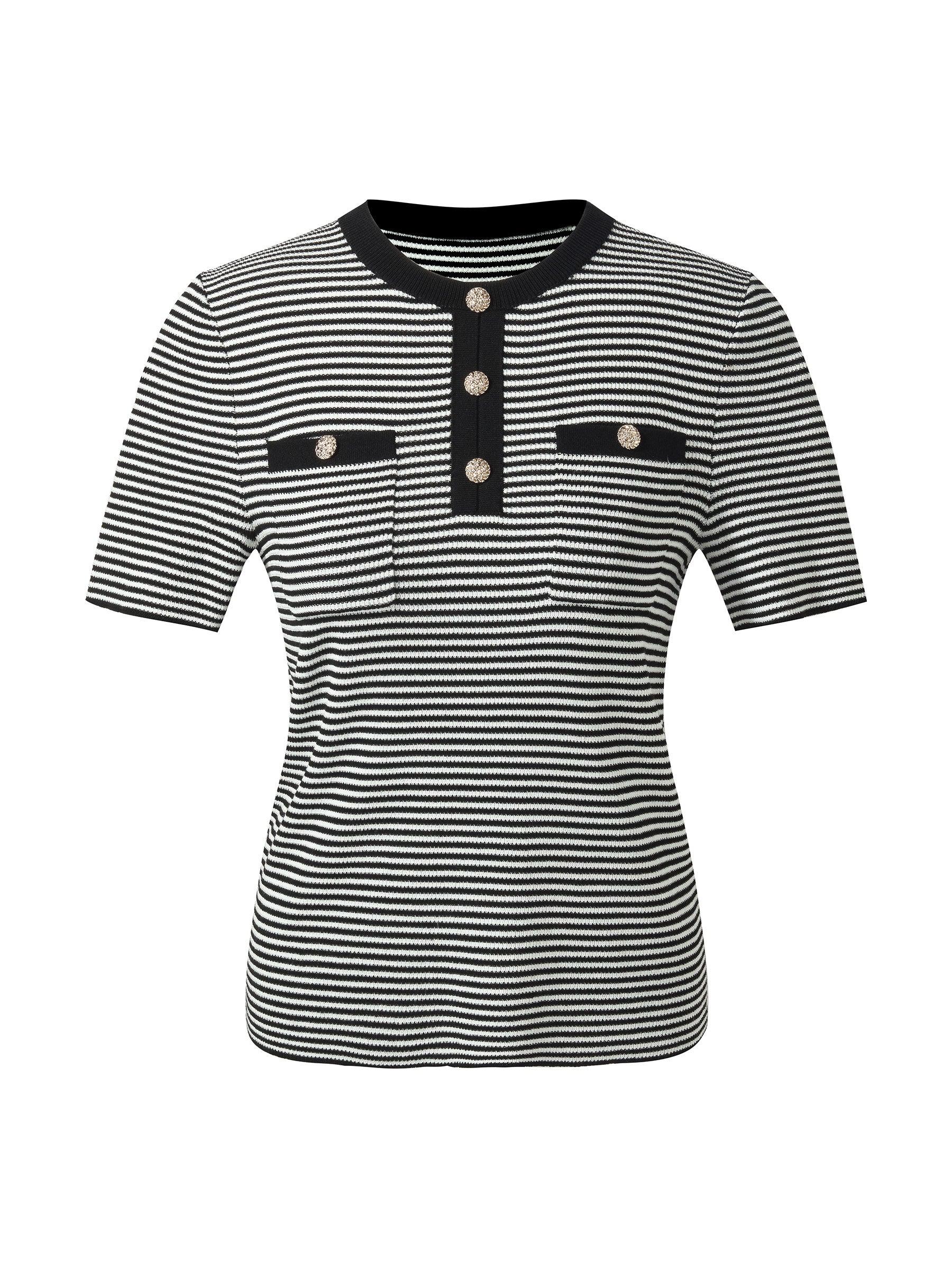 Tencel Blend Black And White Stripe Women Knit Top Product Image