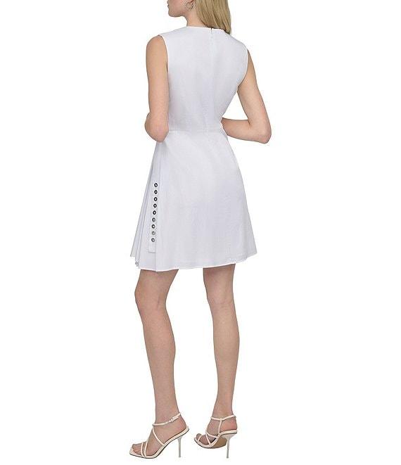DKNY by Donna Karan Poplin Crew Neck Sleeveless Grommet Belt Sheath Dress Product Image