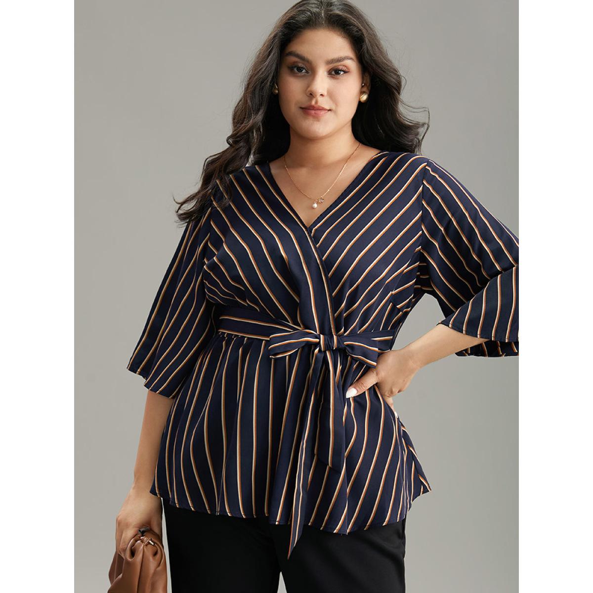 Plus Size Indigo Striped Overlap Collar Bell Sleeve Blouse Women Office Elbow-length sleeve Overlap Collar Work Blouses BloomChic 30/6X Product Image