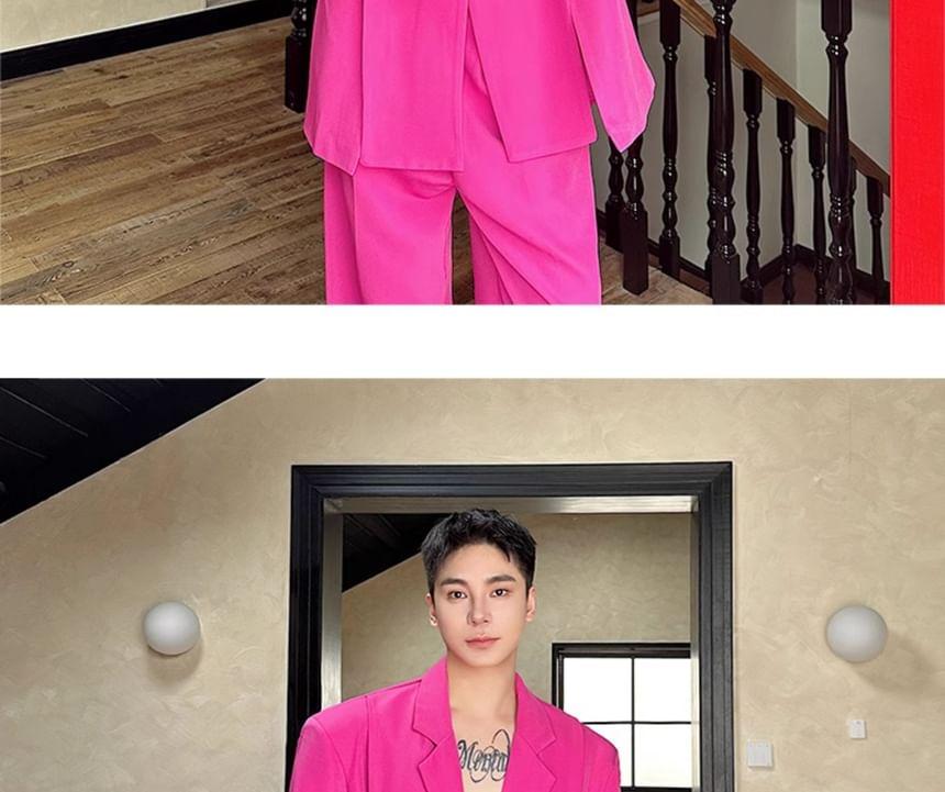 Set: Lapel Collar Plain Slit Button Blazer + Mid Rise Plain Dress Pants Product Image