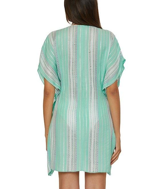Becca By Rebecca Virtue Radiance Woven Metallic Stripe V-Neck Tunic Swim Cover-Up Product Image