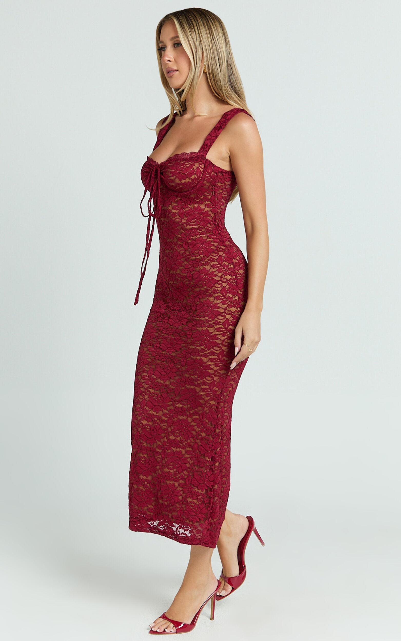 Collette Midi Dress - Ruched Bust Wide Strap Detail Lace Midi Dress in Wine Product Image