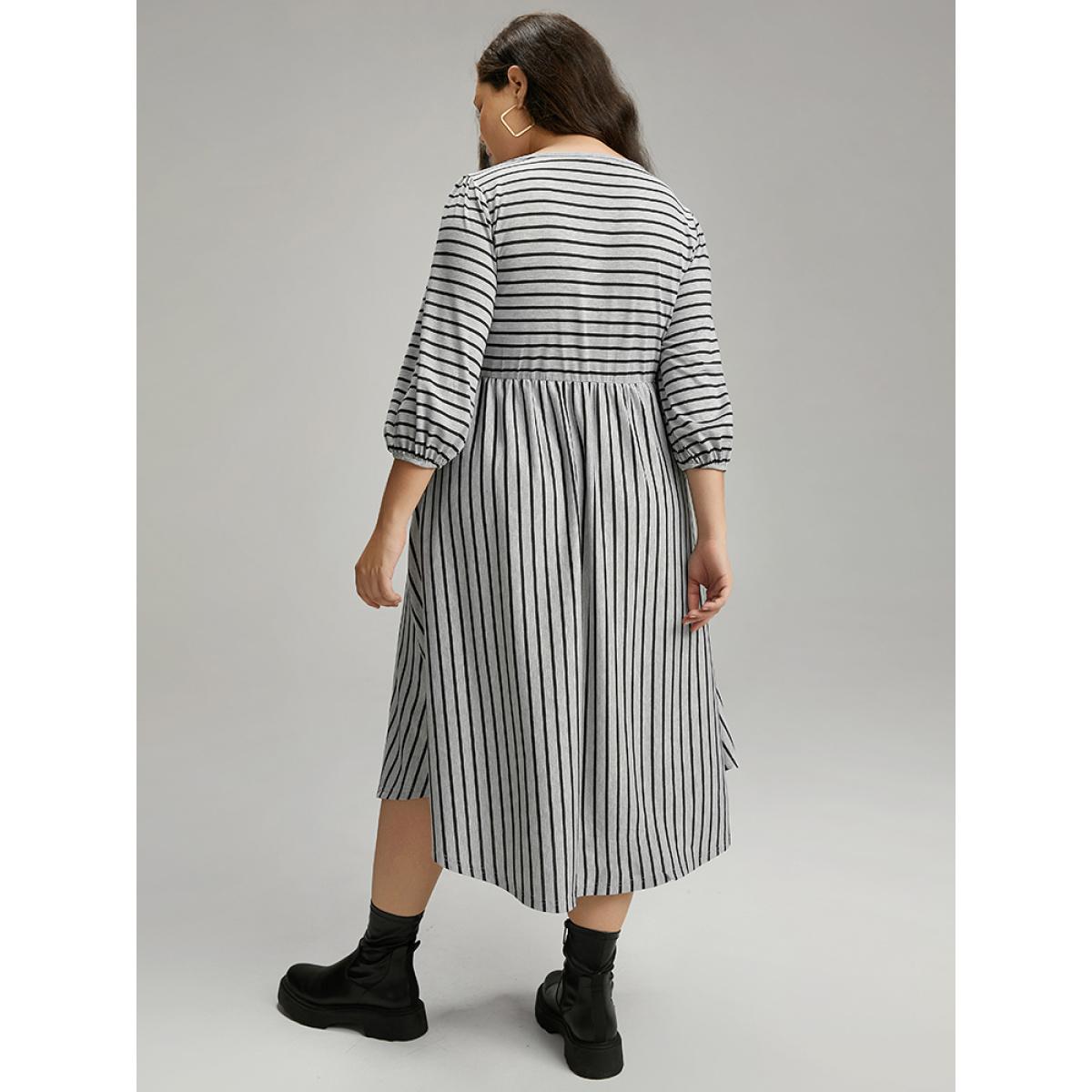 Plus Size Striped Ties Lantern Sleeve Curved Hem Dress Gray Women Casual Elastic cuffs Round Neck Elbow-length sleeve Curvy Midi Dress BloomChic 18-20/2X Product Image