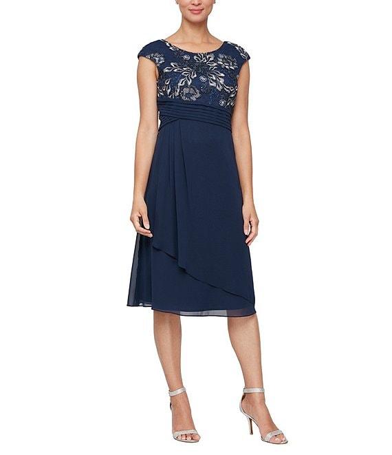 Alex Evenings Printed Stretch Tulle Scoop Neck Cap Sleeves Empire Bodice Cascade A-Line Dress Product Image