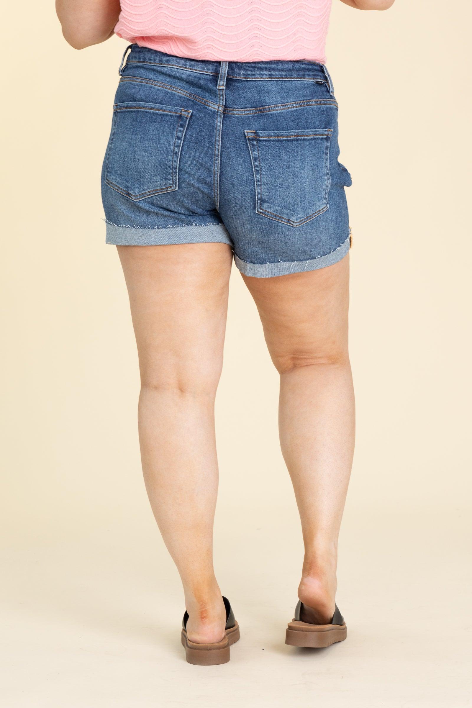 Risen High Rise Dark Wash Cuffed Shorts Product Image