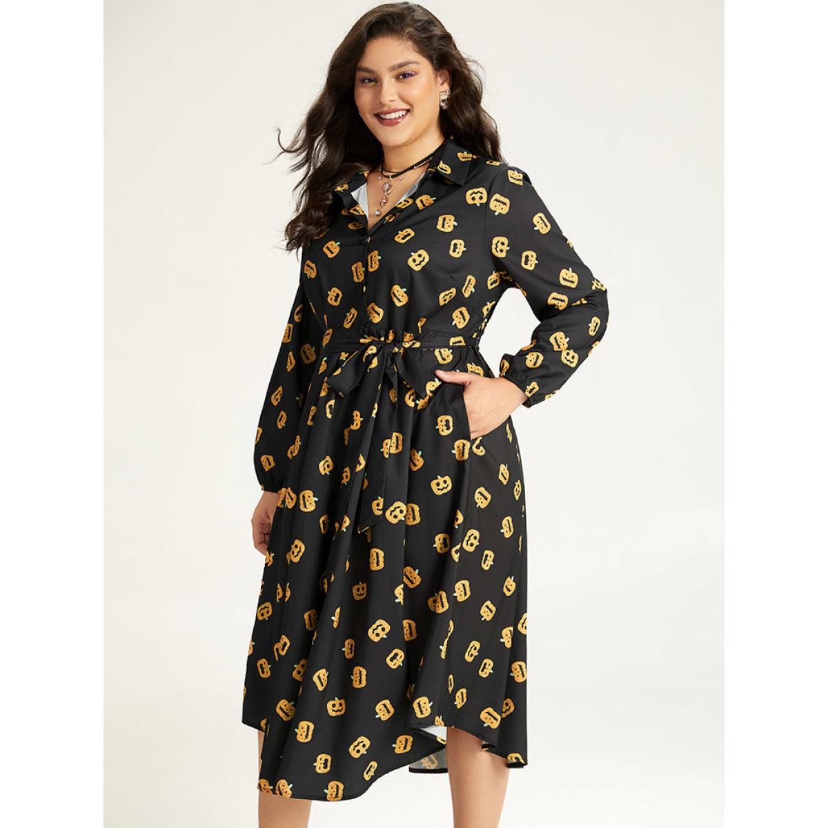 Plus Size Halloween Pumpkin Print Shirt Collar Belted Button Dress Black Women Office Elastic cuffs Shirt collar Long Sleeve Curvy Midi Dress BloomChic 12/L Product Image