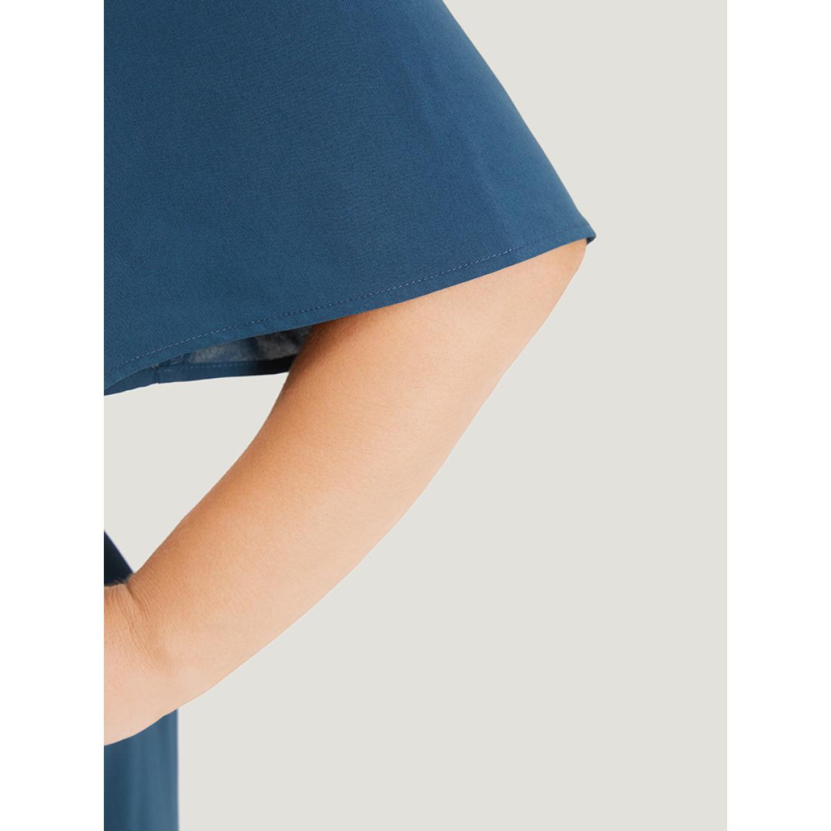 Plus Size Plain Pocket Belted Pleated Raglan Sleeve Dress Aegean Women Office Gathered Round Neck Short sleeve Curvy Midi Dress BloomChic 10/M Product Image