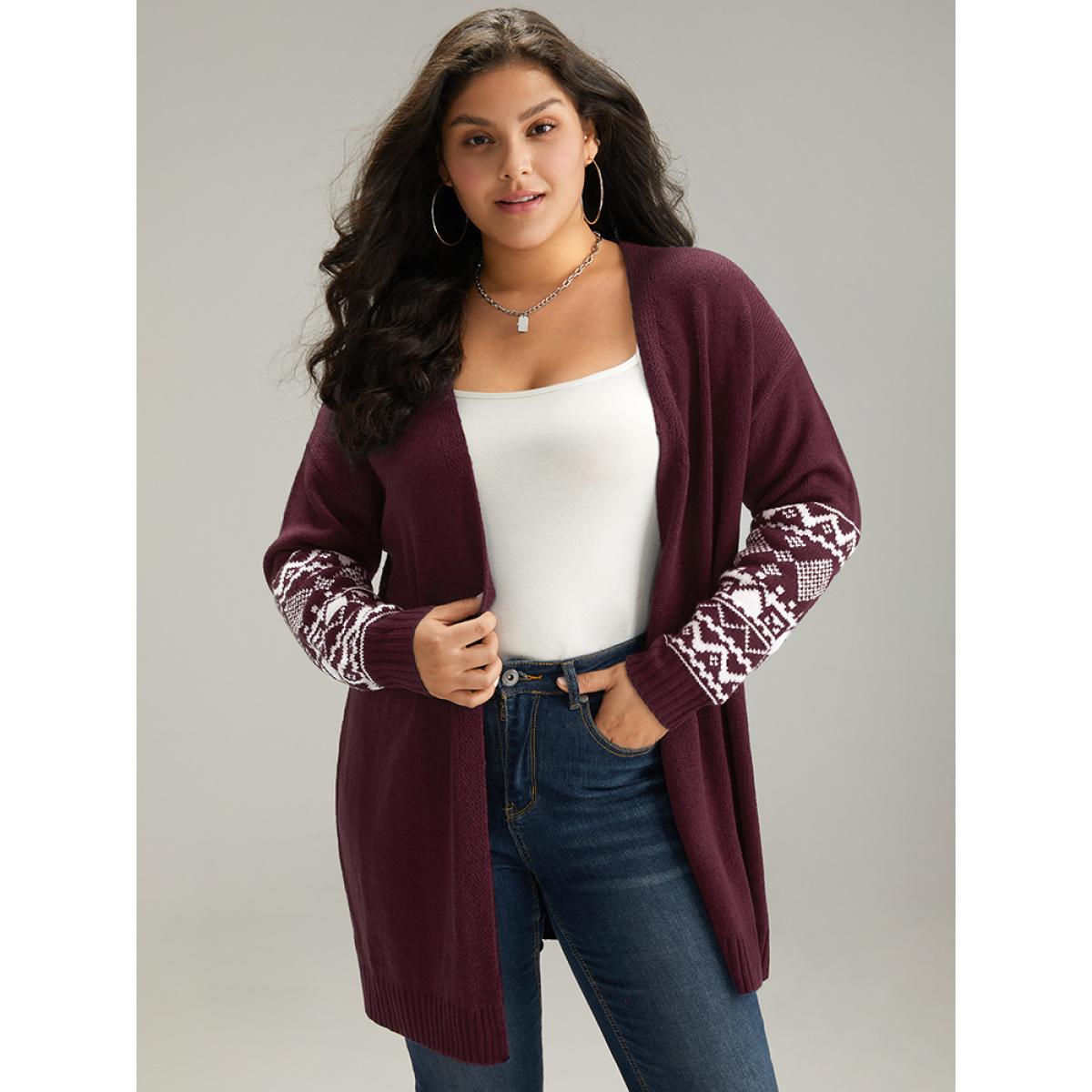 Plus Size Geometric Graphic Open Front Tunic Cardigan Purple Women Casual Loose Long Sleeve Dailywear Cardigans BloomChic 14-16/1X Product Image