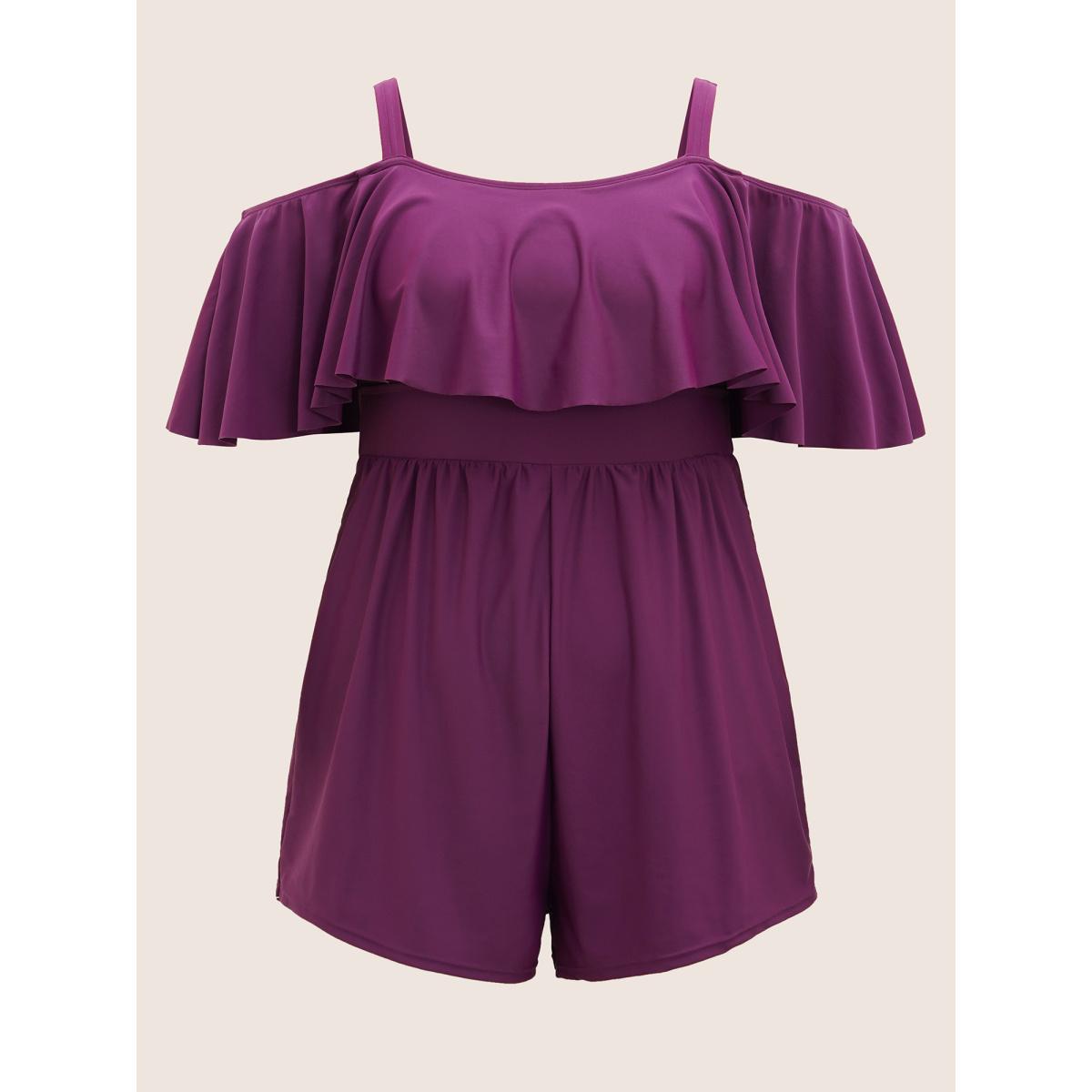 Plus Size Solid One Shoulder Neck Ruffle Trim One Piece Swimsuit Women's Swimwear Deeppurplered Beach Gathered Curve Bathing Suits High stretch One Pieces BloomChic 22-24/3X Product Image