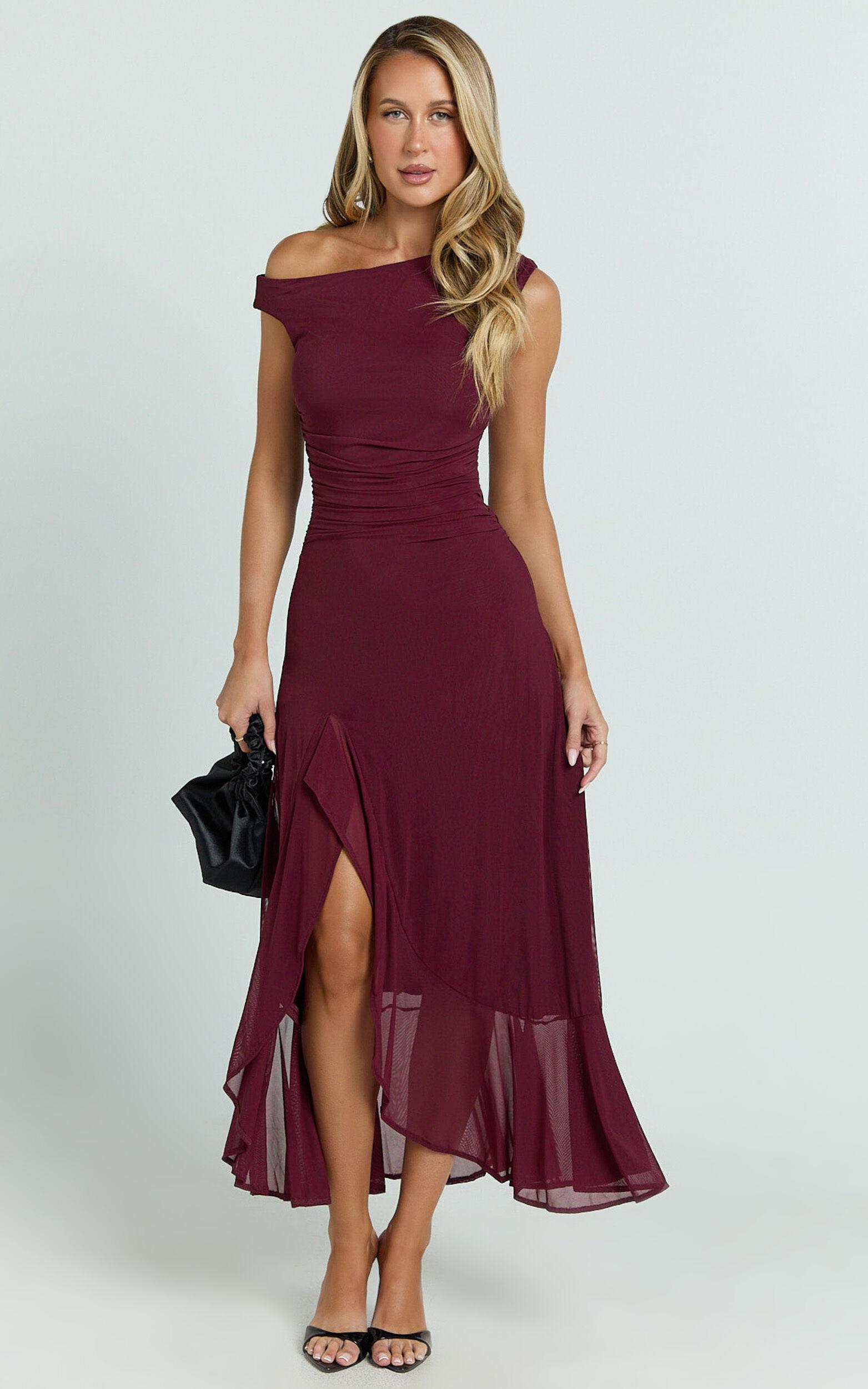 Judee Midi Dress - One Shoulder High Side Split Dress in Wine Product Image