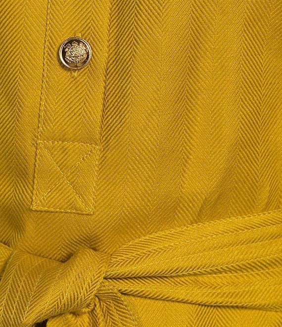 A Loves A Woven Ruched Crew Neck Short Bubble Sleeve Button Front Tie Waist Sheath Mini Dress Product Image