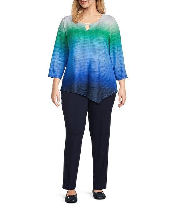 Allison Daley Plus Size Ombre Textured 3/4 Sleeve Keyhole Neck Asymmetric Hem Knit Top Product Image