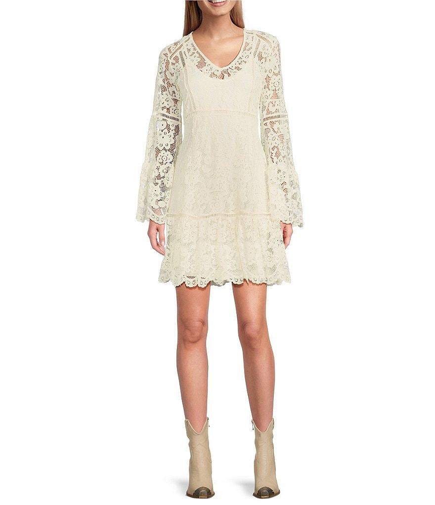 Scully Lace V-Neck Long Bell Sleeve Scalloped Hem A-Line Dress Product Image