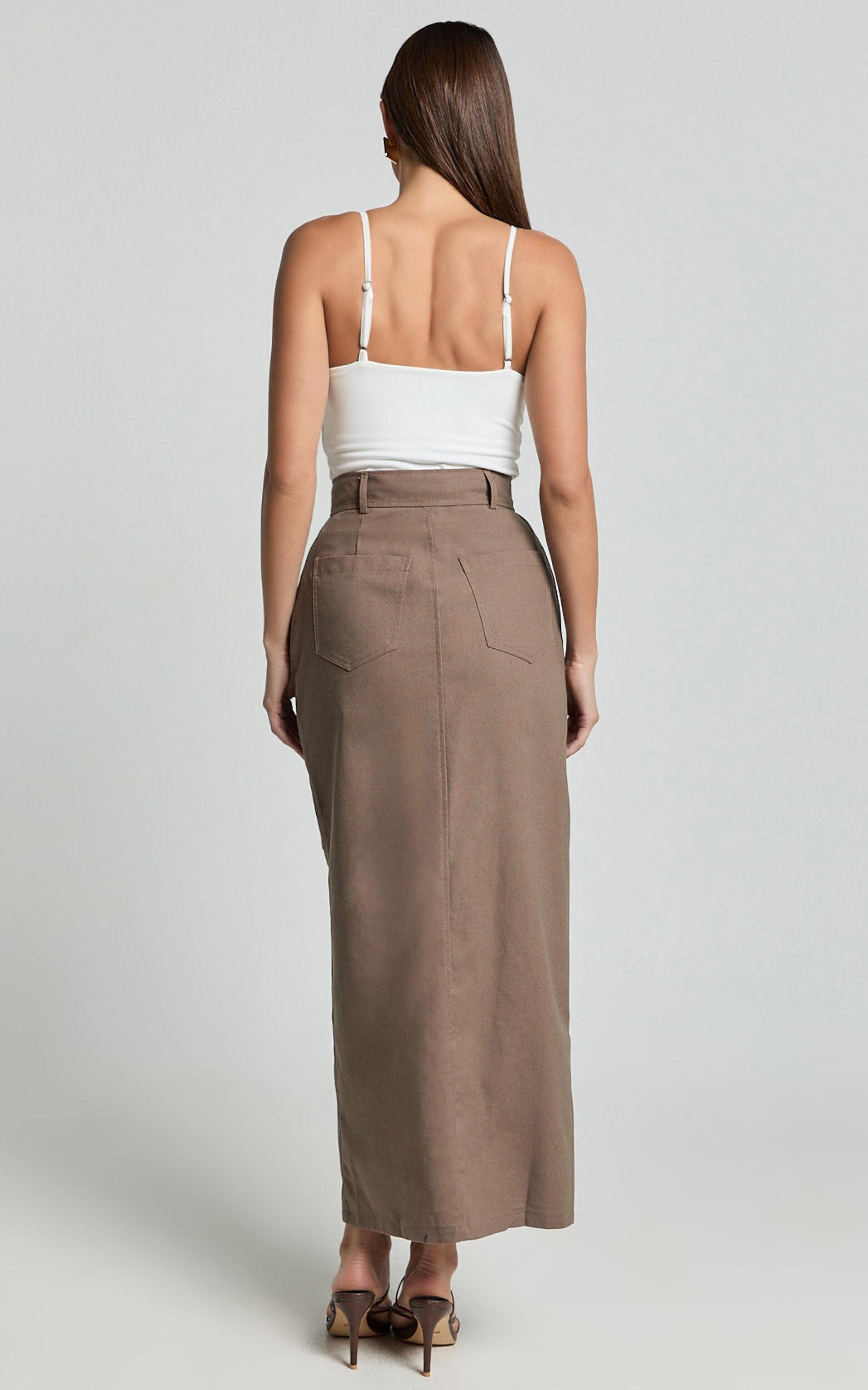 Vanna Midi Skirt - High Waisted Front Slit Skirt in Mocha Product Image
