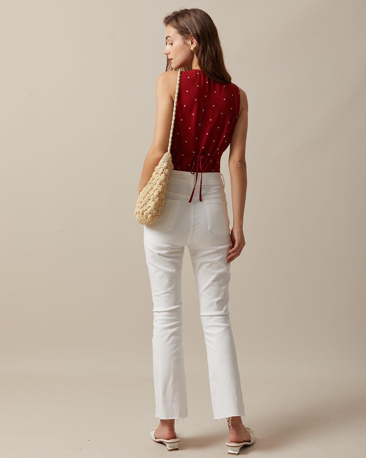 The Red V Neck Polka Dot Print Sleeveless Vest Product Image