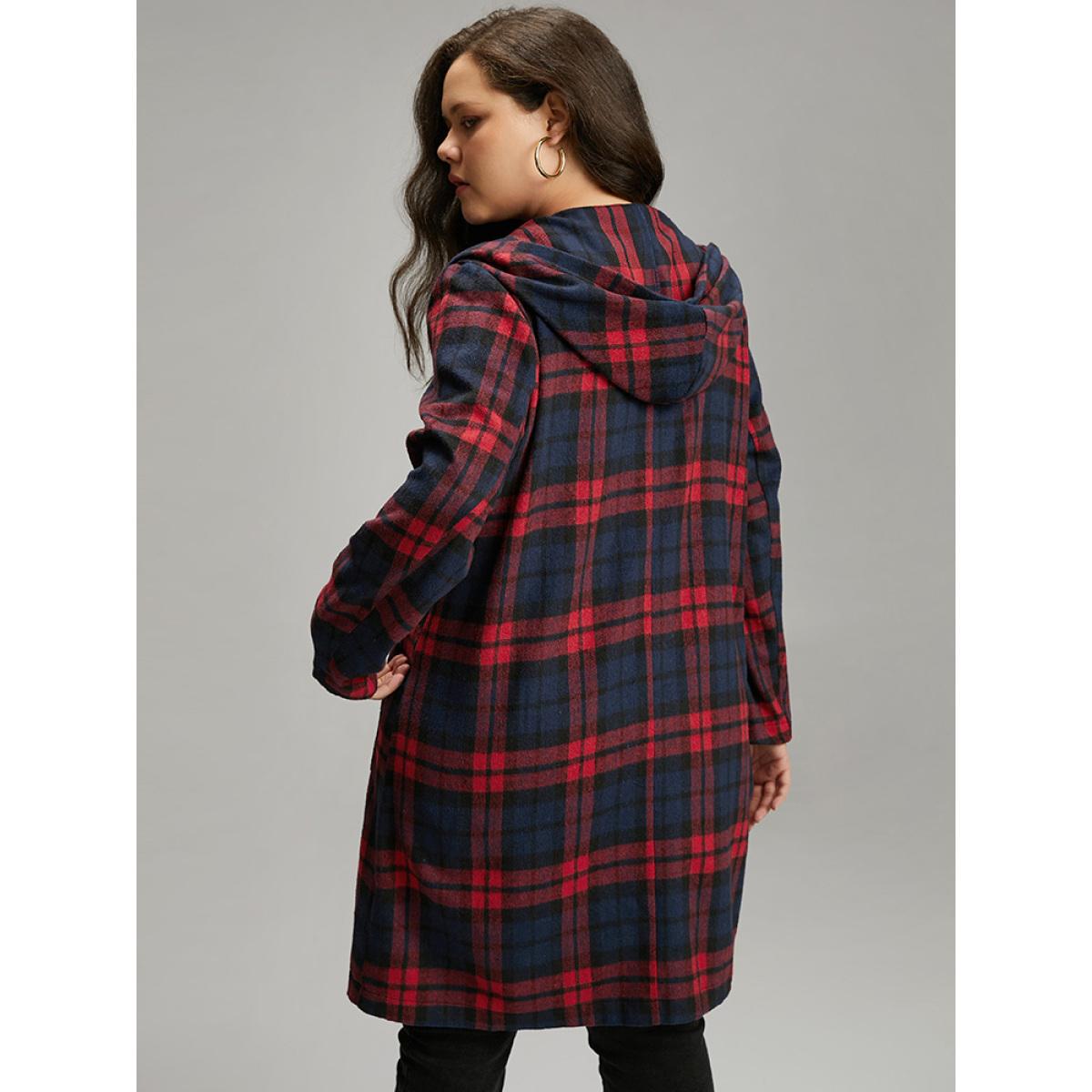 Plus Size Plaid Button Through Pocket Hooded Coat Women Indigo Casual Contrast Ladies Everyday Winter Coats BloomChic 26/4X Product Image