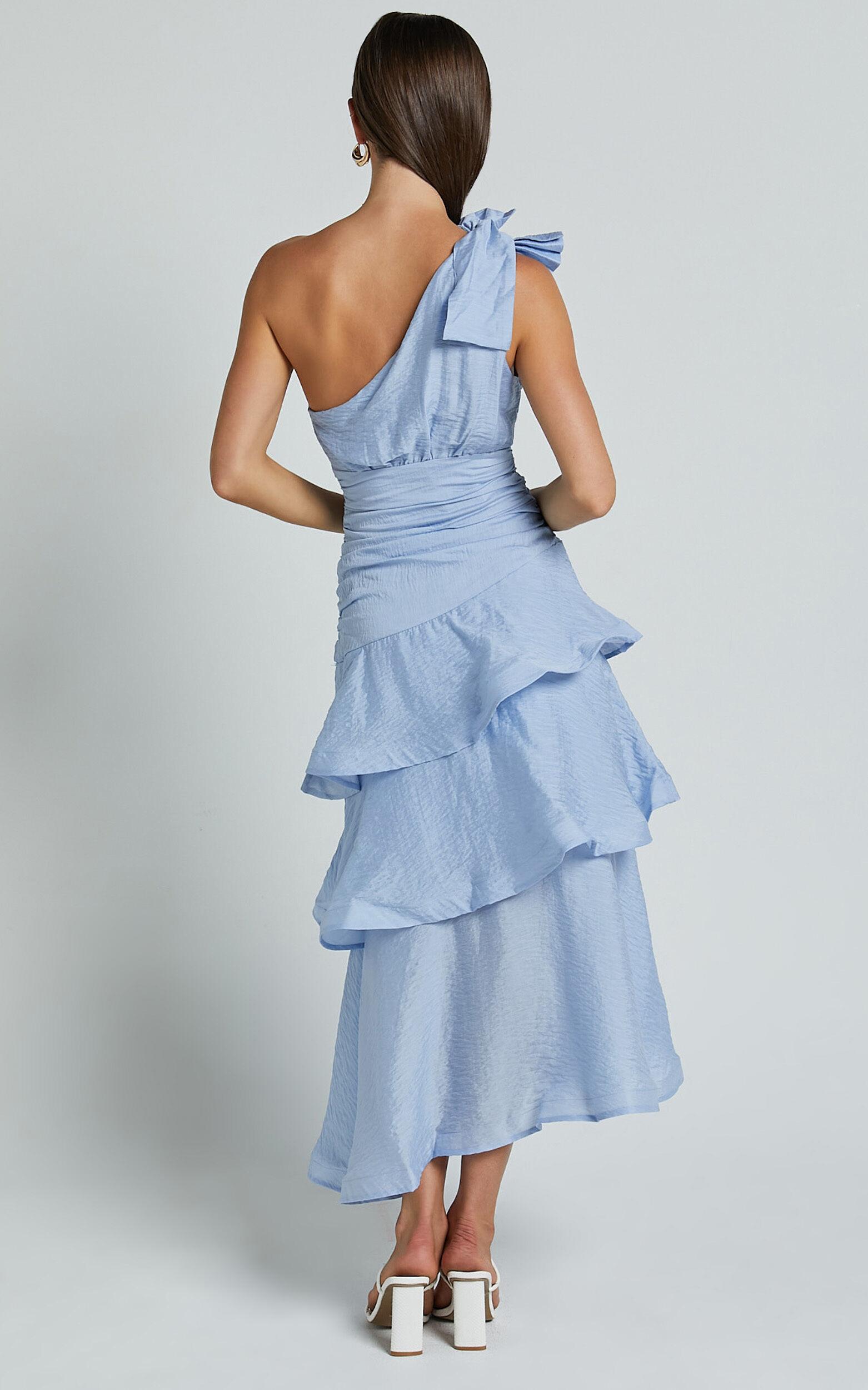 Eugenia Midi Dress - One Shoulder Fit and Flare Layered Dress in Pale Blue Product Image