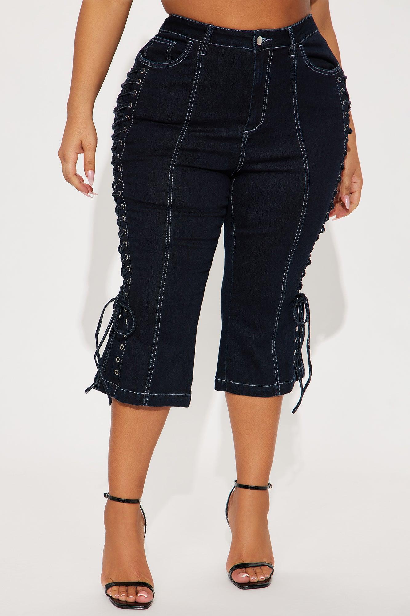 Laced Up Capri Kick Flare Jeans - Dark Wash Female Product Image