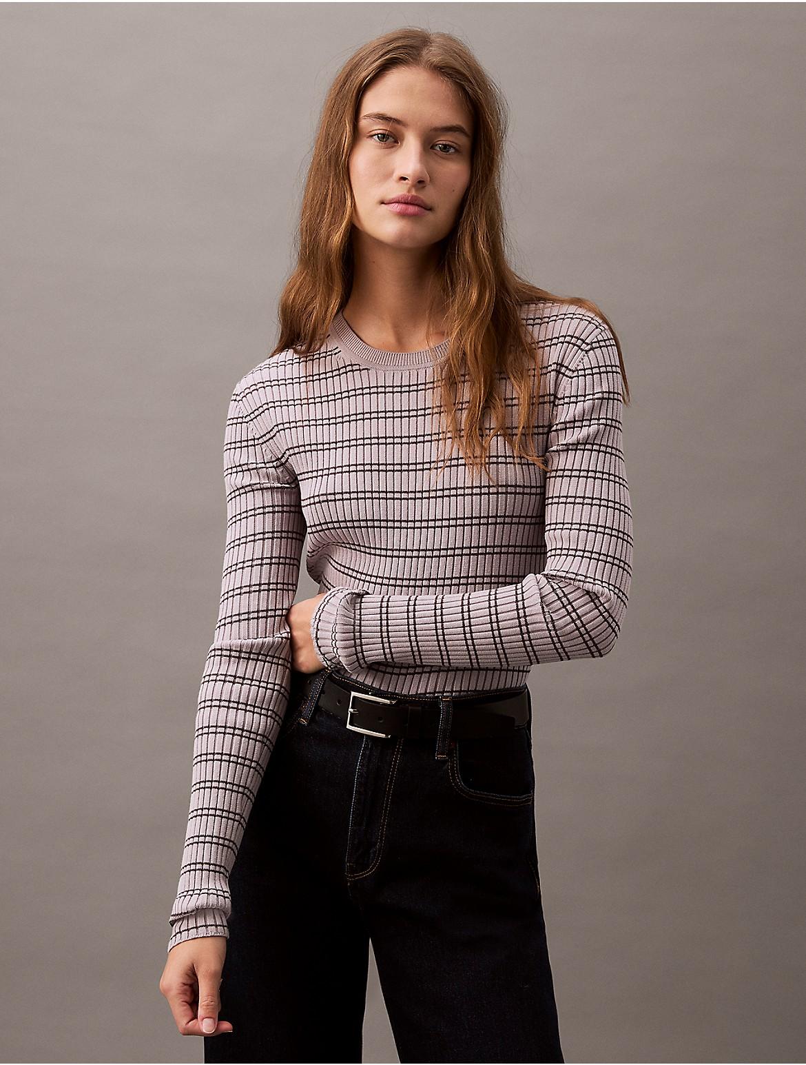Calvin Klein Womens Smooth Cotton Rib Stripe Sweater - Grey Product Image