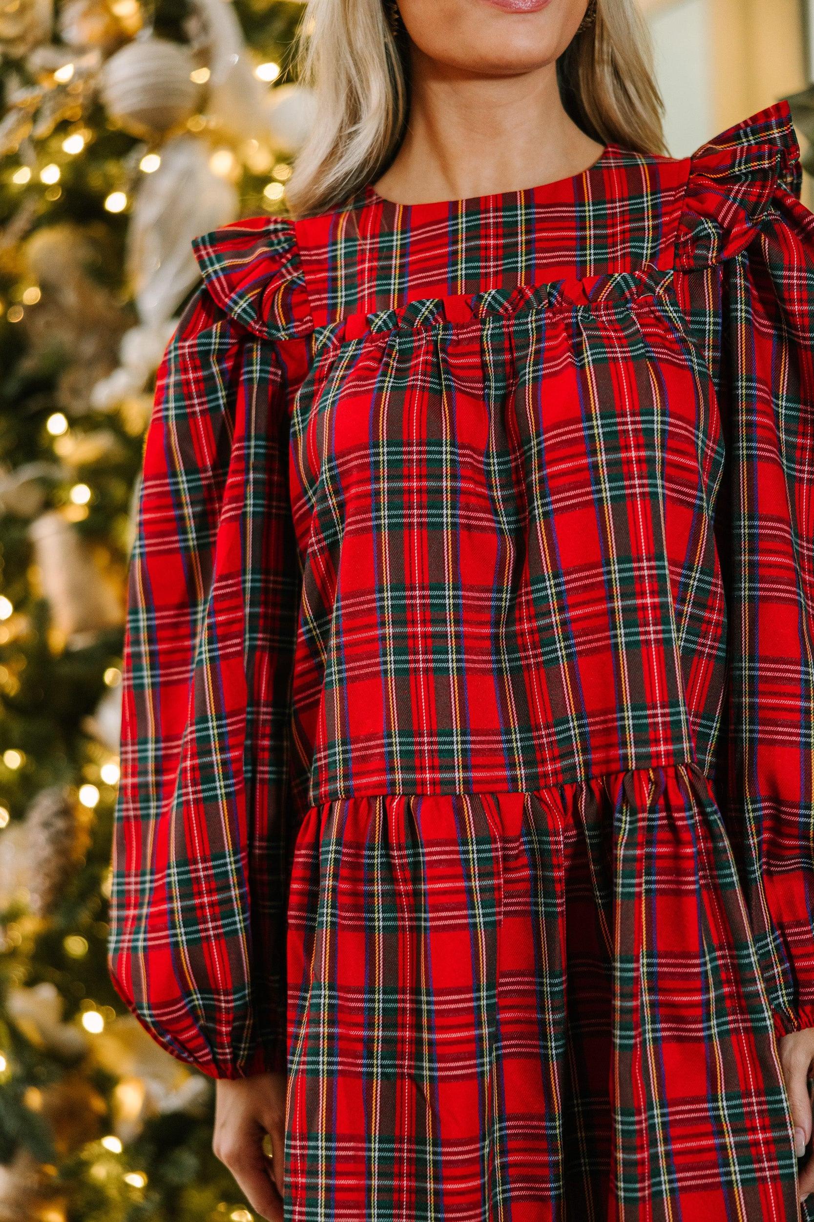 It's All Possible Red Tartan Plaid Babydoll Dress Female Product Image