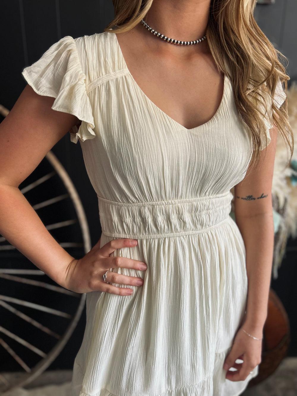 V Neck Short Sleeve Ruffle Detail Shirred Mini Dress- 4 Colors* Product Image