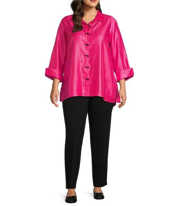 Multiples Plus Size Shimmer Woven Printed Point Collar 3/4 Turn Up Cuff Sleeve Hi-Low Hem Button Front Shirt Product Image