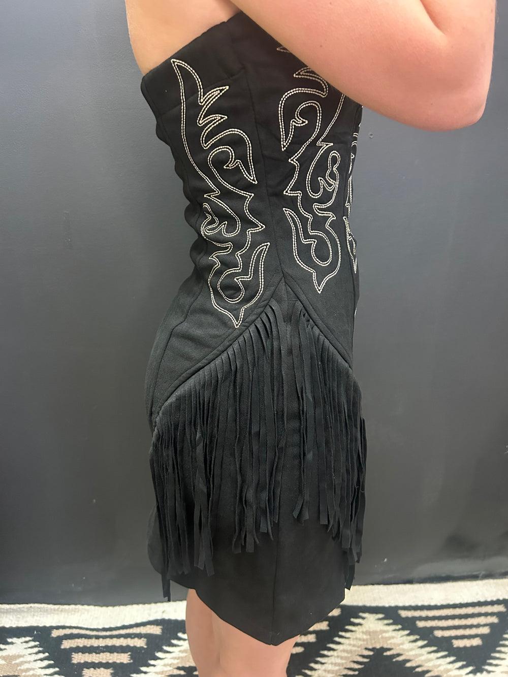 Black Suede Boot Stitch Embroidered Fringe Dress Product Image