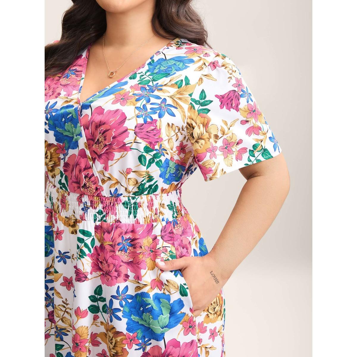 Plus Size Blooming Flowers Surplice Neck Pockets Dress Ivory Women Elegant Shirred Overlap Collar Short sleeve Curvy BloomChic 26/4X Product Image