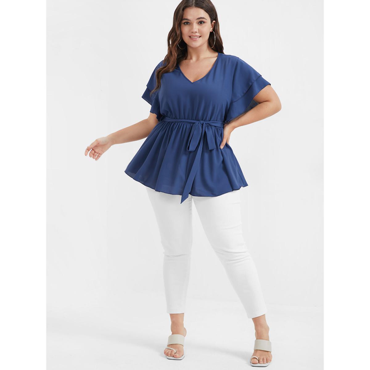 Plus Size DarkBlue Solid Babydoll Flutter Tiered Belted V Neck Blouse Women Elegant Short sleeve V-neck Dailywear Blouses BloomChic 14-16/1X Product Image