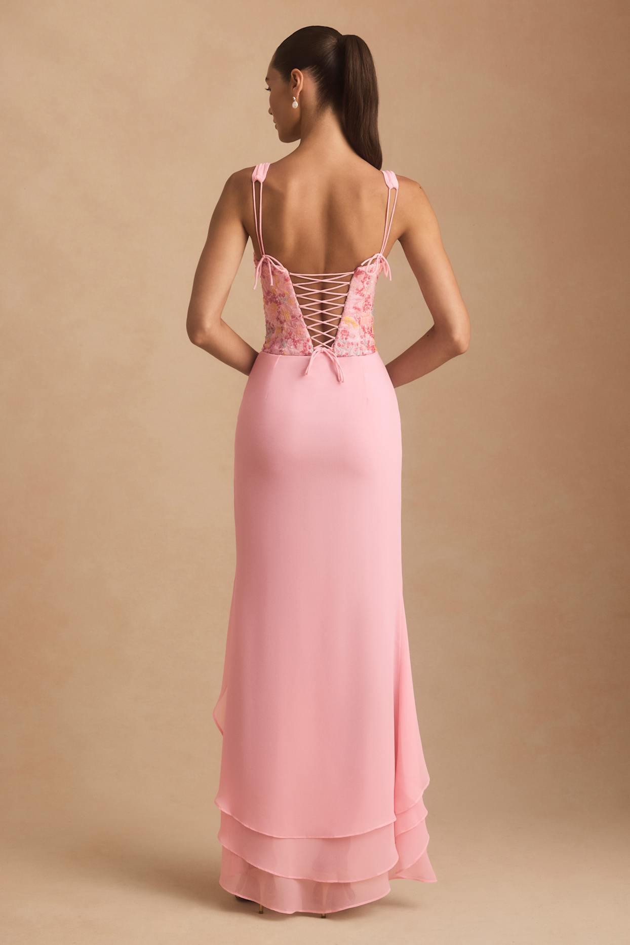 Embellished Plunge Ruffled Corset Maxi Dress in Pink Product Image