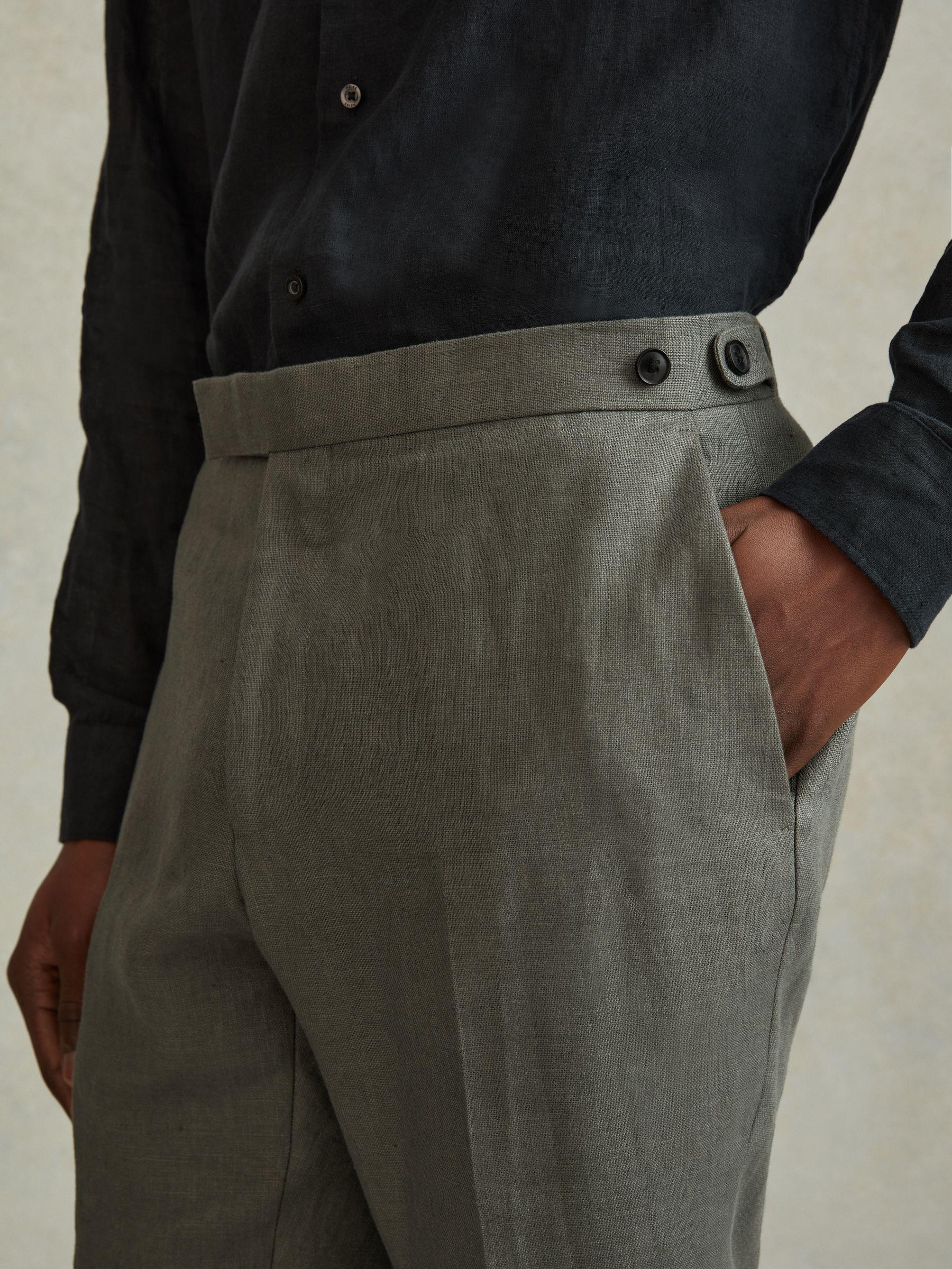 Halgas Dark Sage 100% Linen Side Adjuster Slim Fit Trousers Product Image