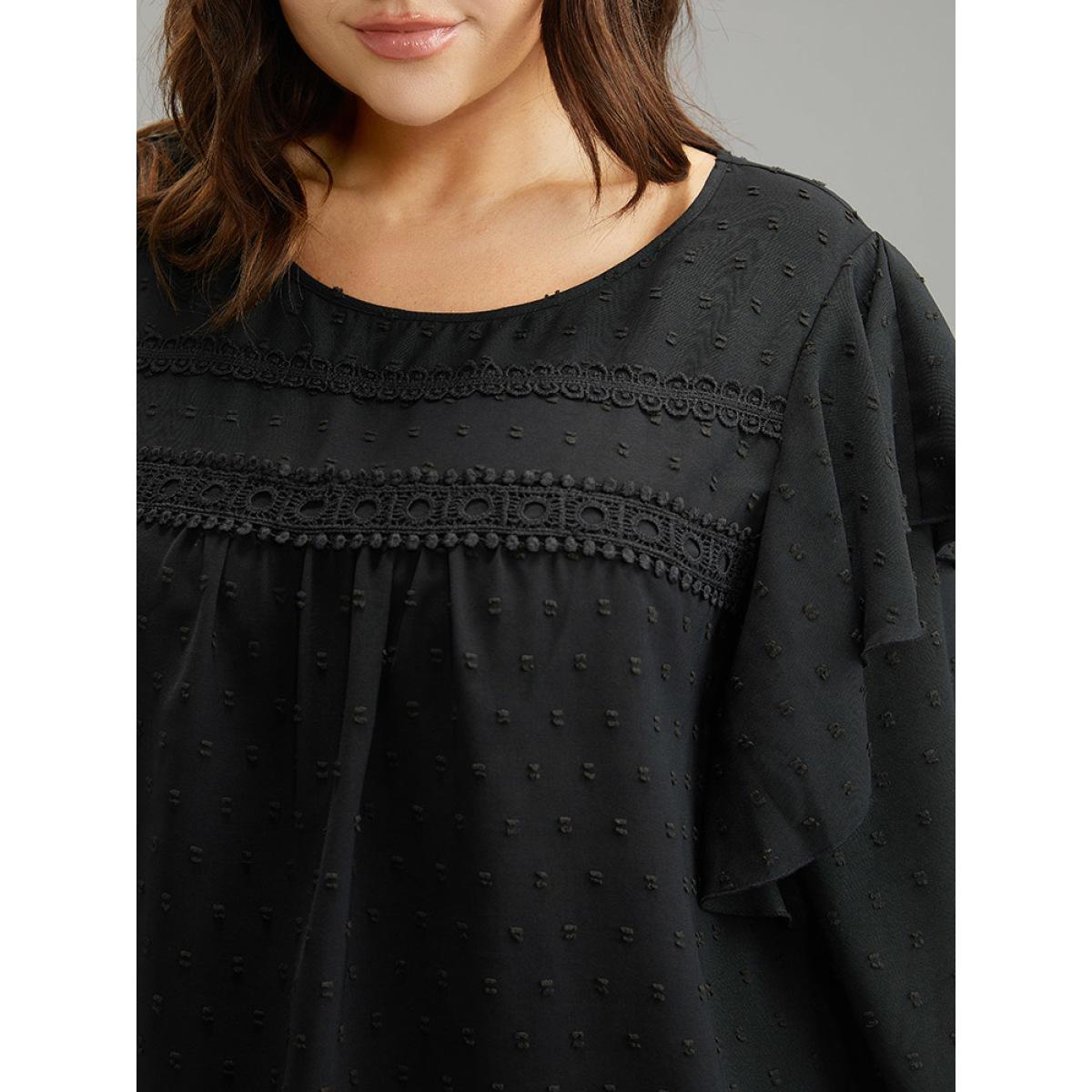 Plus Size Black Solid Contrast Lace Tiered Ruffles Blouse Women Elegant Long Sleeve Round Neck Dailywear Blouses BloomChic 12/L Product Image