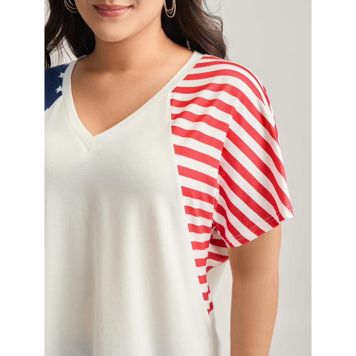 Plus Size American Flag Print V-Neck T-Shirt WhiteSmoke Women Leisure Contrast Country V-neck Casual T-shirts BloomChic 12/L Product Image