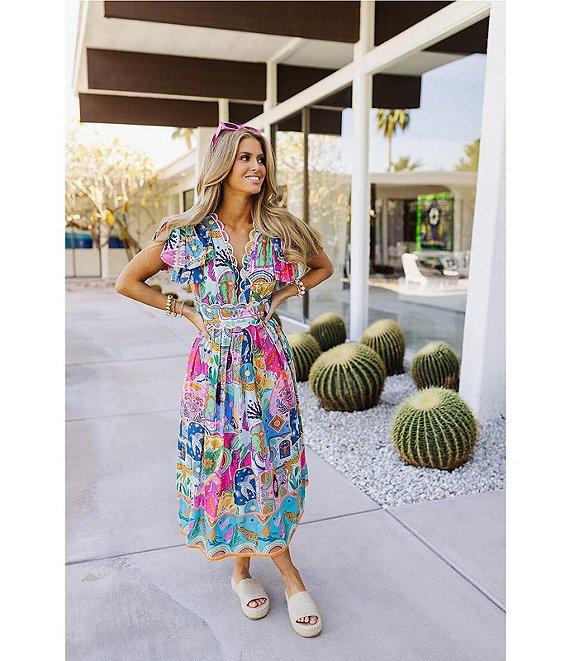 J.Marie Sloane Abstract Print V-Neck Short Sleeve Bow Midi A-Line Dress Product Image