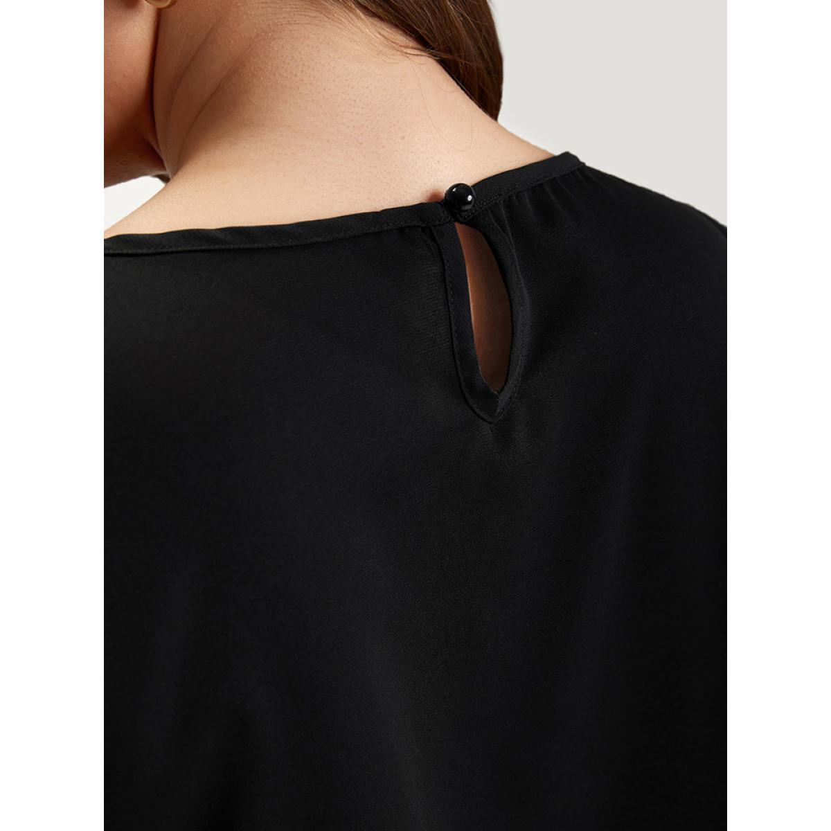 Plus Size Black Solid Crew Neck Ruffle Trim Blouse Women Office Cap Sleeve Round Neck Work Blouses BloomChic 26/4X Product Image