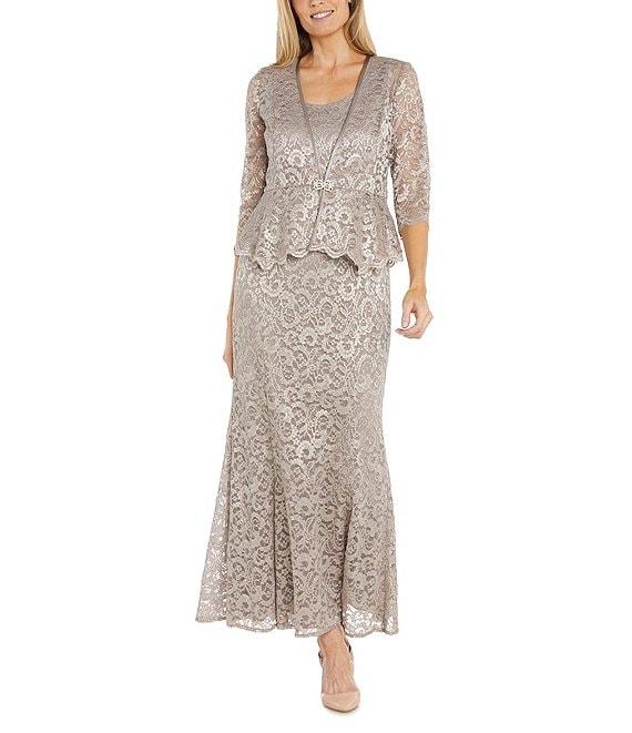 R & M Richards Petite Size Scallop Lace Charmeuse Metallic Mermaid Jacket Dress Product Image