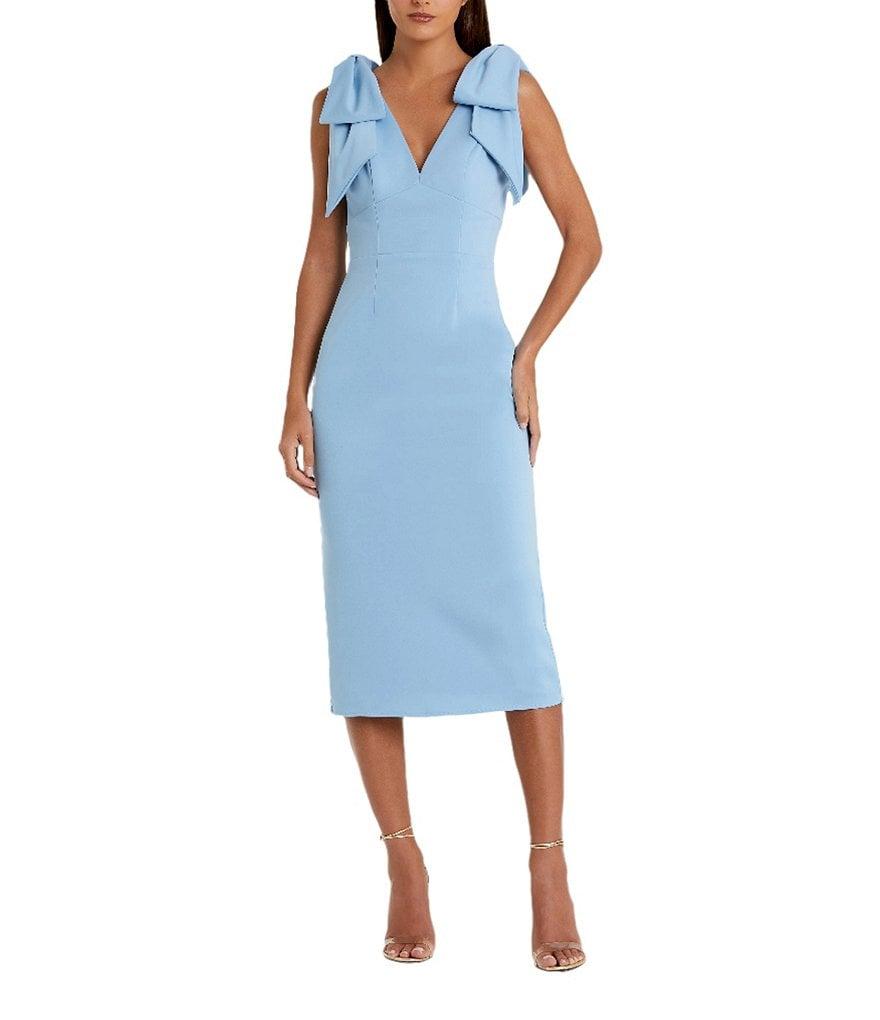 Mac Duggal Crepe V-Neck Sleeveless Bow Shoulder Midi Sheath Dress Product Image