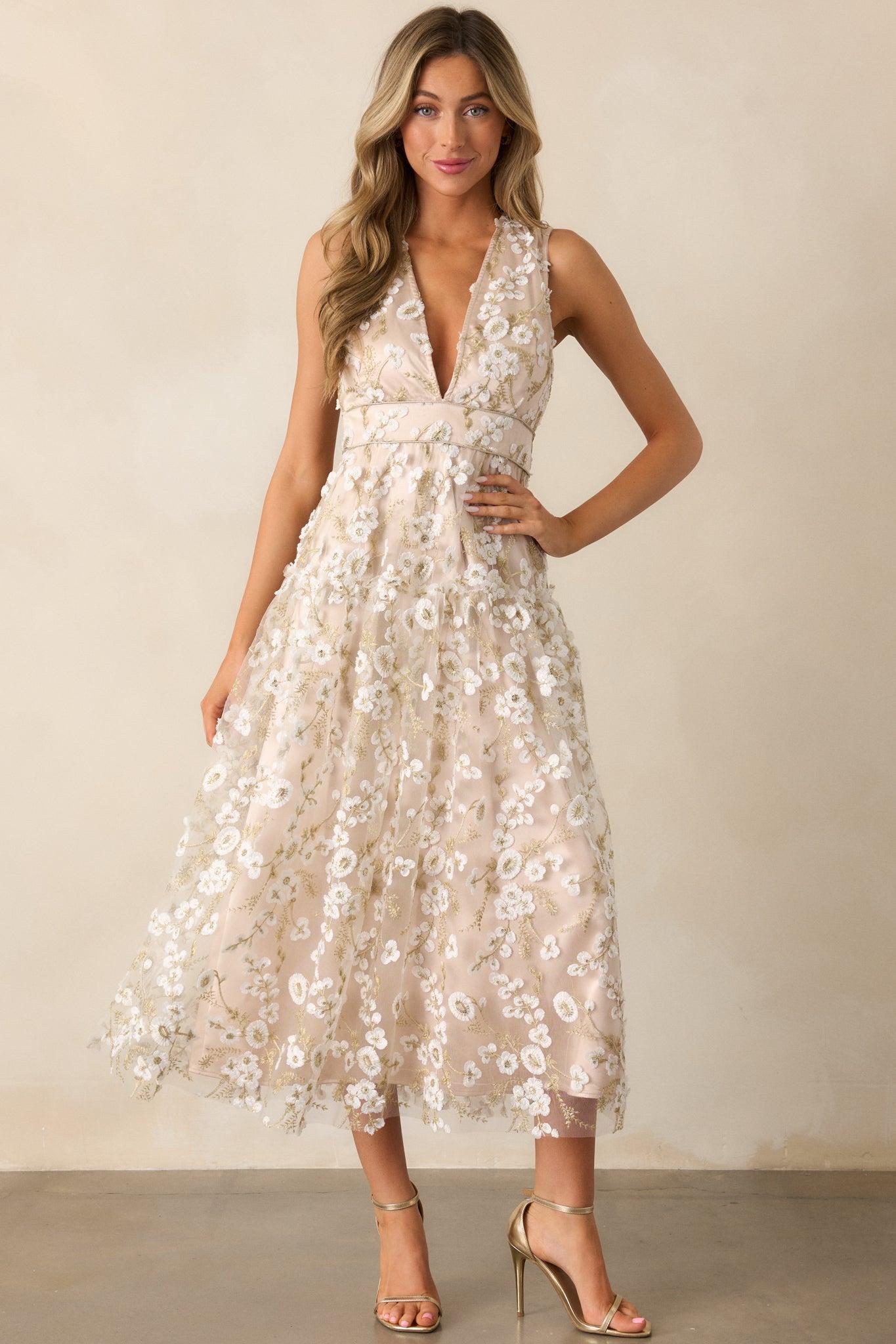 Celebrate With Me Champagne Embroidered Midi Dress Product Image