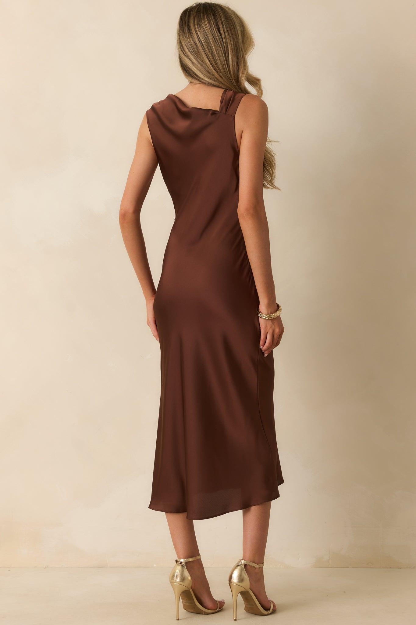 As I Expected Brown Satin Cowl Neck Sleeveless Midi Dress L / Brown Product Image